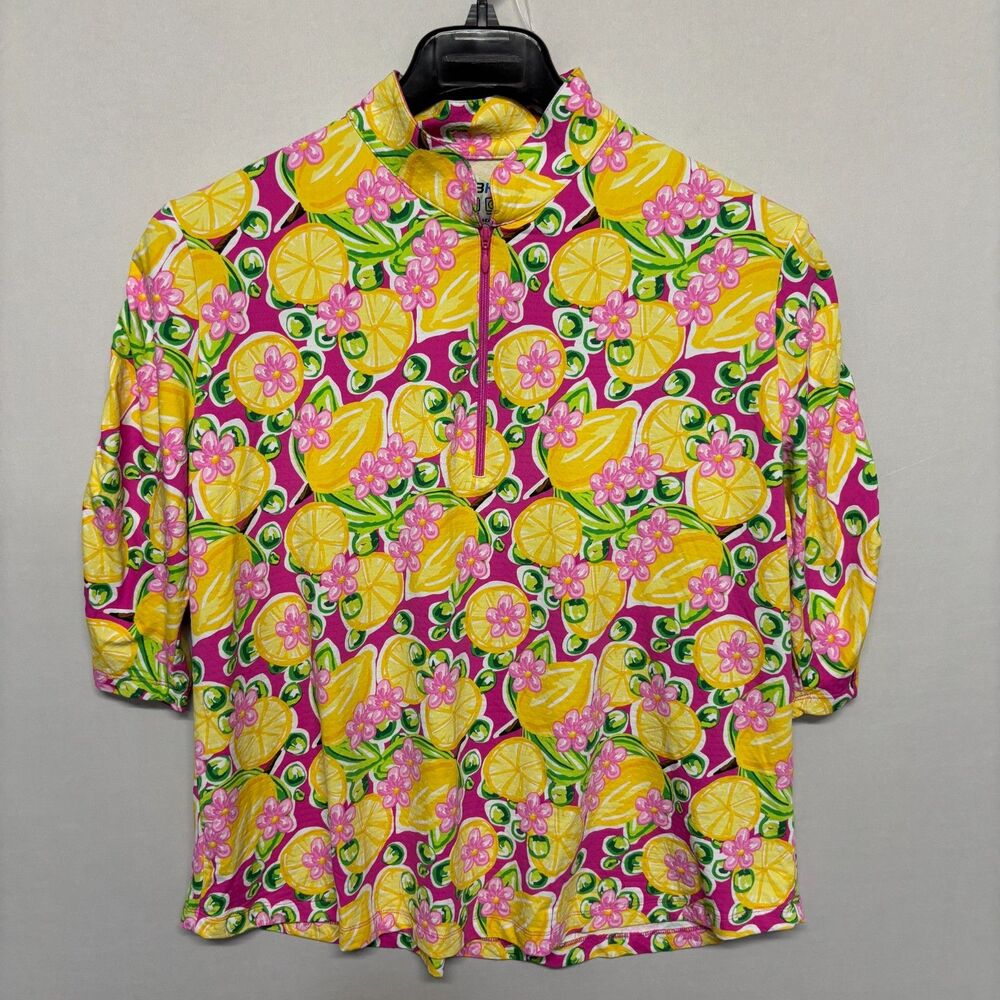 IBKUL Women XXL 2XL Mock Neck Golf Top Lemons Floral 1/4 Zip Pullover C139 -21